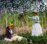 Monet, Claude Oscar - In The Woods At Giverny - BlancheHoschede Monet At Her Easel With Suzanne Hoschede Reading